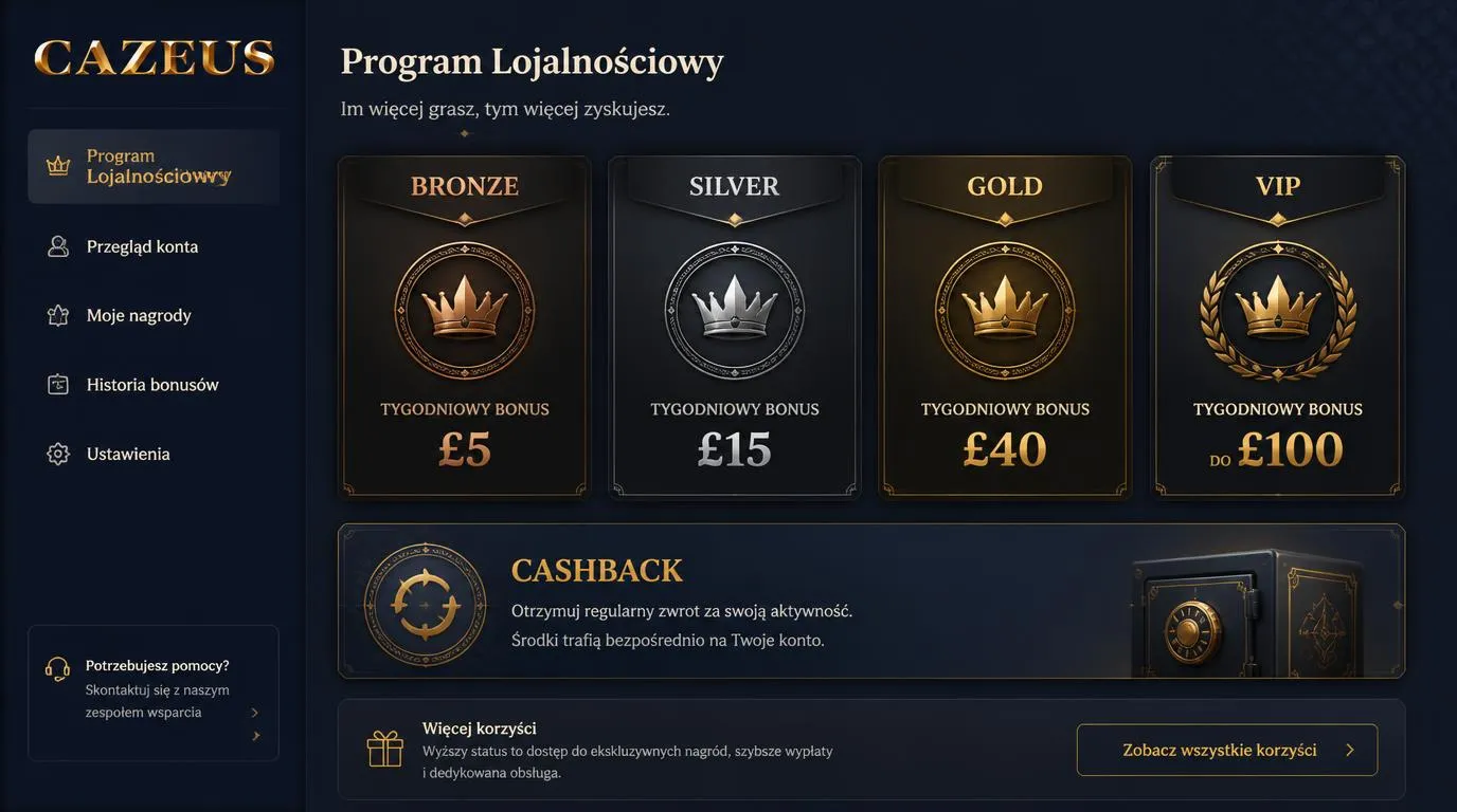 Ekran programu lojalnościowego z czterema poziomami tygodniowych nagród i sekcją cashbacku