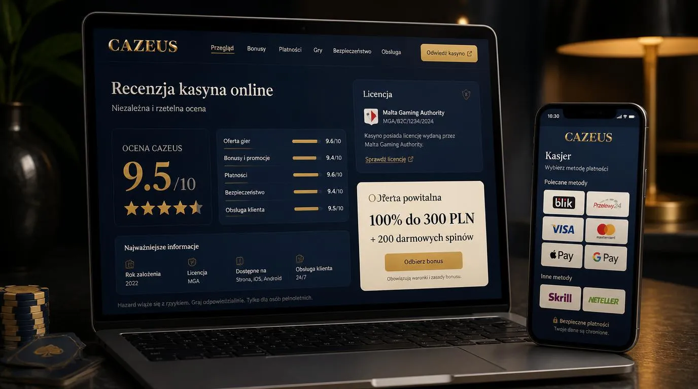 Ekran oceny kasyna z wynikiem 9,5/10, informacją o licencji MGA i ofertą powitalną